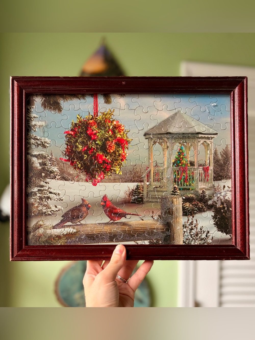 Holiday Winter Gazebo Puzzle Wall Art - Red Accents Framed in Wooden Frame